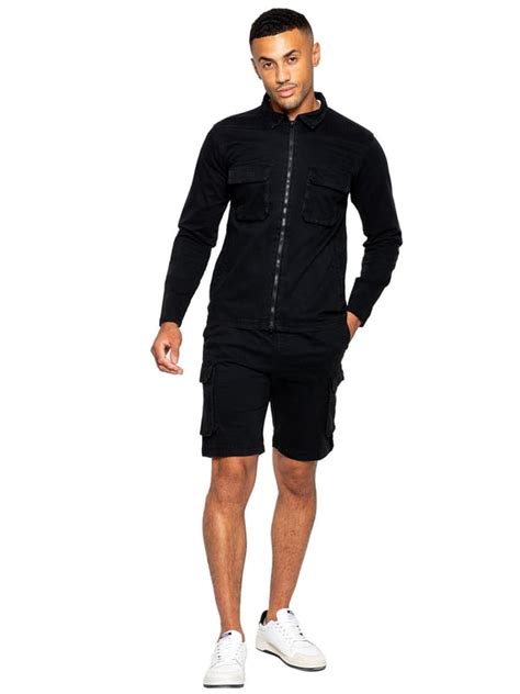 Enzo Mens Cargo Tracksuit With Shorts Set Black