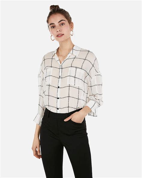 Express Windowpane Sheer Boxy Button Up Shirt Women Shirts Blouse T