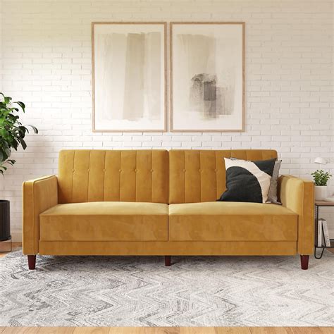 Ember Interiors Pin Tufted Transitional Futon Mustard Yellow Velvet