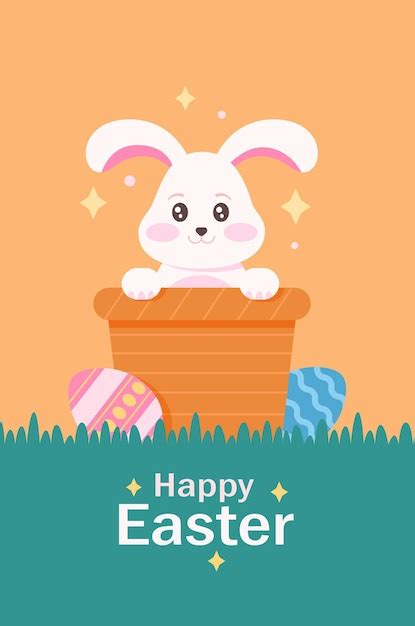 Premium Vector Happy Easter Poster With Bunny Colored Eggs And Basket