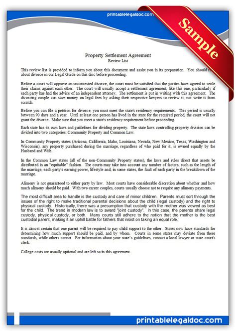 Free Printable Property Settlement Agreement Form Generic