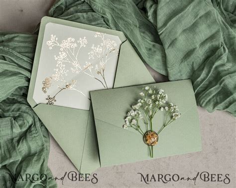 Fold Luxury Sage Green Golden Wedding Invitations Elegant Garden