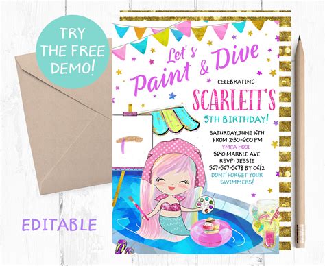 Pool Party Invitations Printable Invitations Invitation Paper Mermaid Painting Mermaid Art