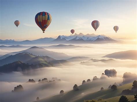 Premium AI Image Landscape Of Morning Fog And Mountains With Hot Air