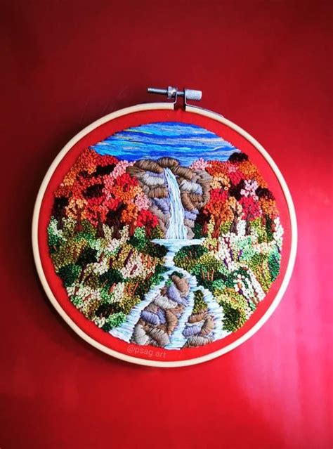 Waterfall Forest Landscape Embroidery Hoop Art Fall Autumn Etsy