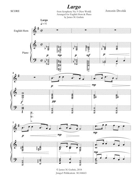 Dvorák Largo From The New World Symphony For English Horn And Piano Arr