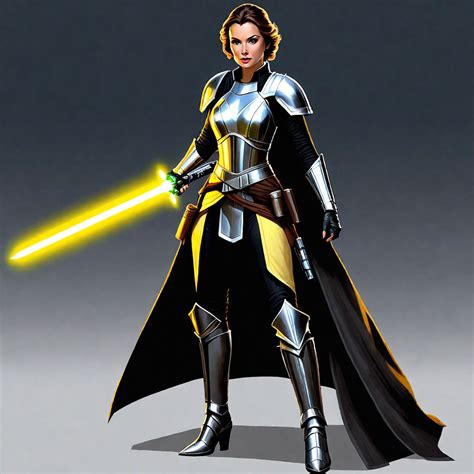 A Rougue Female Jedi With A Pale Yellow Lightsaber Pointed T By