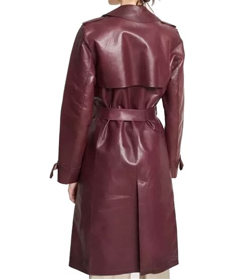 Womens Double Breasted Belted Burgundy Leather Trench Coat Jackets