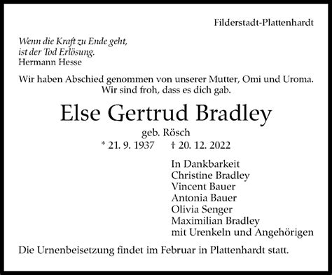 Traueranzeigen Von Else Gertrud Bradley Stuttgart Gedenkt De