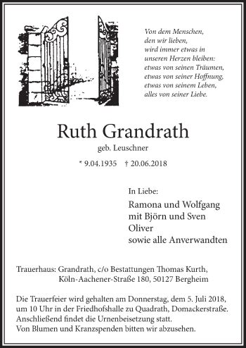 Traueranzeigen Von Ruth Grandrath WirTrauern