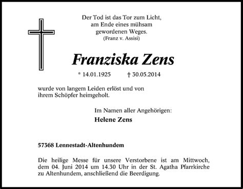 Traueranzeigen Von Franziska Zens Trauer In Nrw De