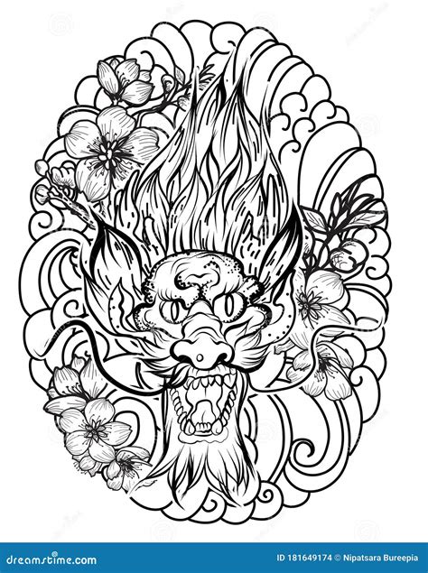 Hand Drawn Dragon Tattoo Coloring Book Japanese Stylejapanese Old Dragon For Tattoo