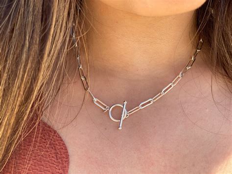 Large Paperclip Link Toggle Necklace Sterling Silver Toggle Necklace