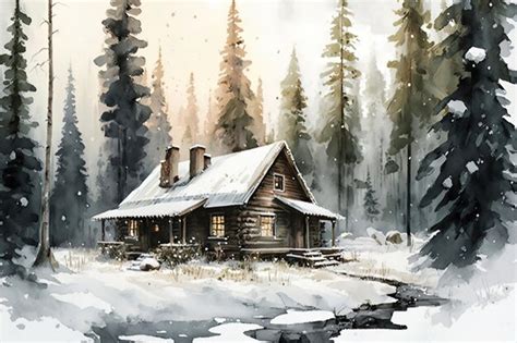 Premium Photo | A painting of a log cabin in the snow