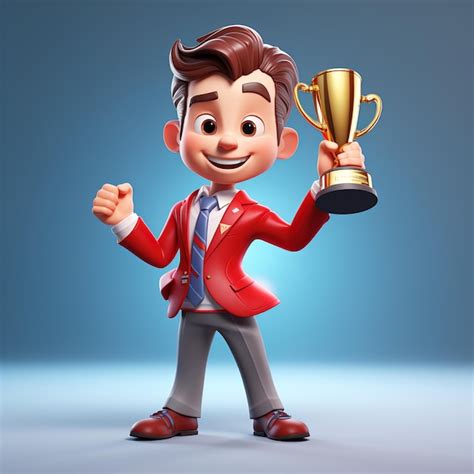 Personagem de desenho animado segurando um troféu de ouro ganhador no