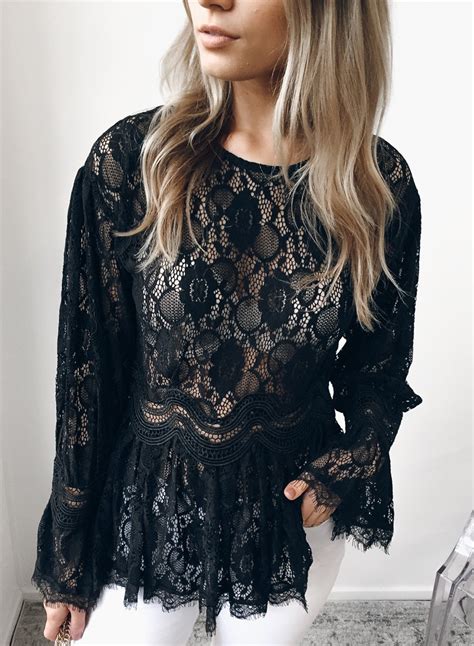 Black Sexy Long Sleeve Round Neck Lace Hollow Out Blouse