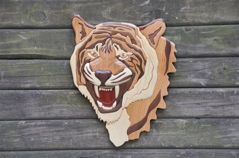 Madera hecha a mano intarsia tigre pared rústica colgante Etsy