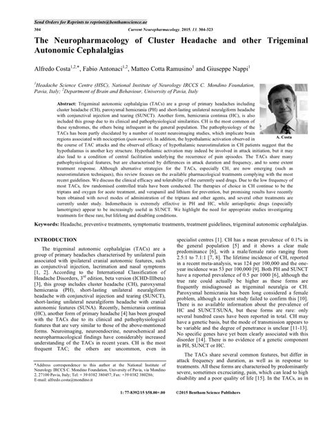 Pdf Cluster Headache And Other Trigeminal Autonomic Cephalgias