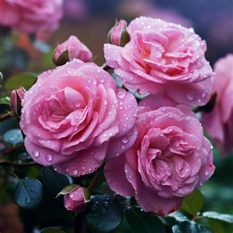 Premium Photo Beautiful Pink Tea Roses With Dew In Garden