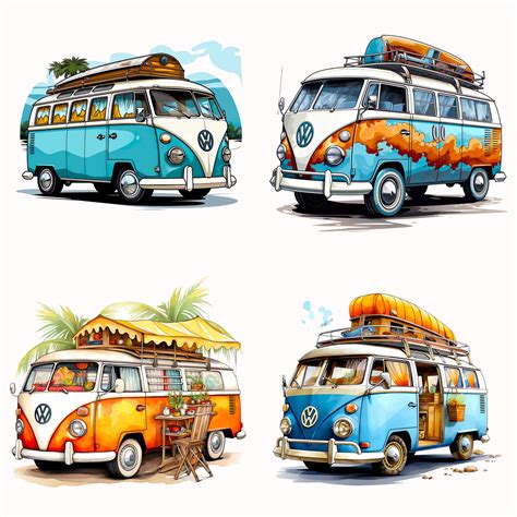 Vintage Camper Van Clip Art Hippie Camper Van Illustration Png