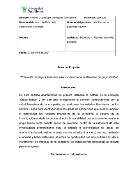 Evidencia Planteamiento Del Proyecto Mercadotecnia Tecmilenio