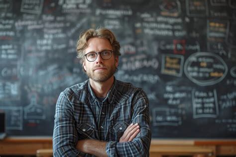 Premium Photo Male Teacher With Crossed Arms In Front Of A Chalkboard