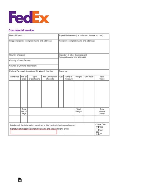 Commercial Invoice Template Printable Fedex