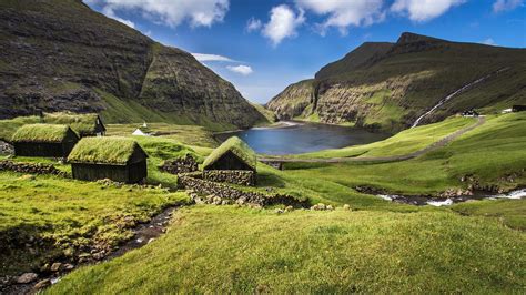 Faroe Islands House Mountains Lake Rocks Water Denmark Clouds