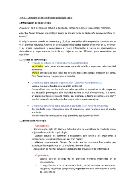 Tema 1 Psicologia Apuntes 1 Tema 1 Concepto De La Salud Desde Psicología Social 1 De La