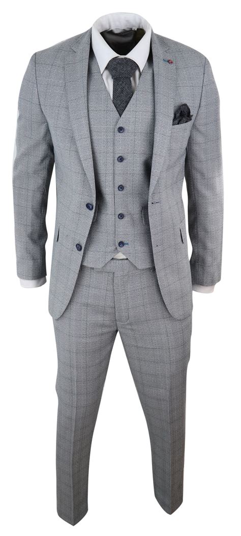 Mens Grey Check 3 Piece Slim Fit Suit Happy Gentleman