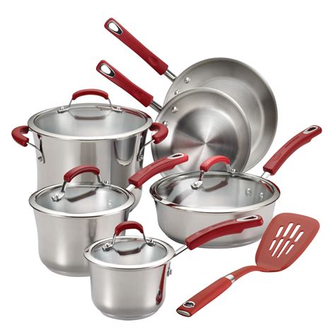 Rachael Ray Stainless Steel 11 Piece Cookware Set Red Handles Home Kitchen Cookware