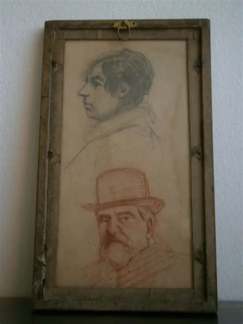 Dessin Ancien Portraits Crayon Sanguine Esquisse Visage Signe