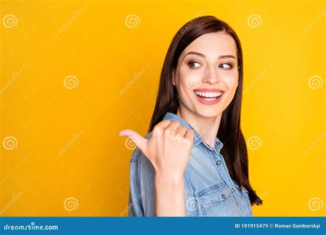 Portrait Of Positive Cheerful Girl Promoter Indicate Ads Promo Direct