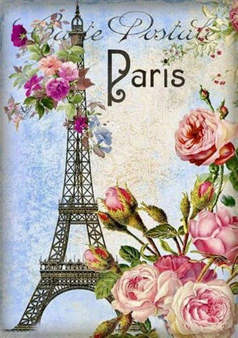 Vintage Paris Eiffel Tower France Pink Roses Graphic Image Art Fabric