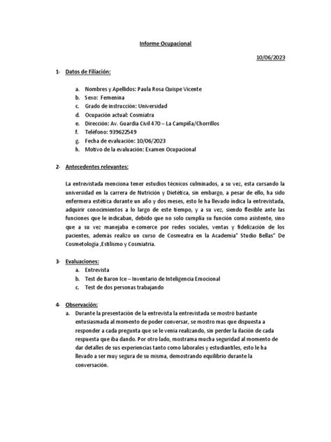 Modelo Informe Psicológico Laboral Pdf Sicología Cognición