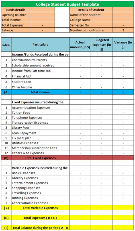 College Student Budget Template Free Download Ods Excel Pdf And Csv