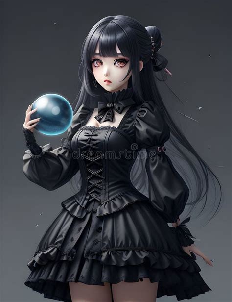 A Cute Anime Gothic Girl with a Magic Ball in Hand, Cute Pose ...