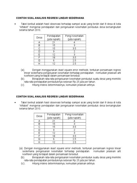 PDF Contoh SoaCONTOH SOAL ANALISIS REGRESI LINEAR SEDERHANAl Analisis