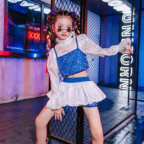 Kid Jazz Clothes Long Sleeve Tops Blue Sequin Vest Hiphop Practice