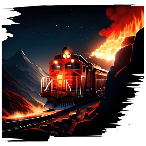 Train on Fire Hitting Mountain Side · Creative Fabrica