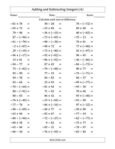 Adding And Subtracting Mixed Integers From 99 To 99 75 Questions Worksheets Library