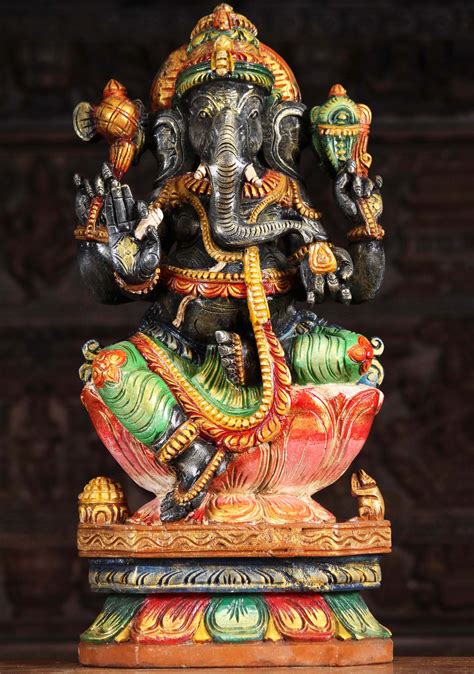 Sold Wood Seated Ganesh Holding Broken Tusk 24 94w9cj Lotus Sculpture