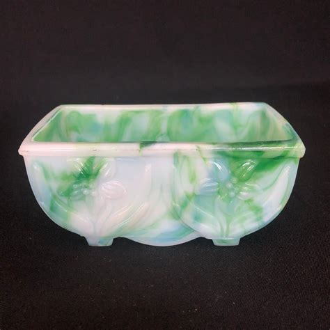 Vintage Akro Agate Glass 657 Jade Green Swirl Daffodil Rectangular