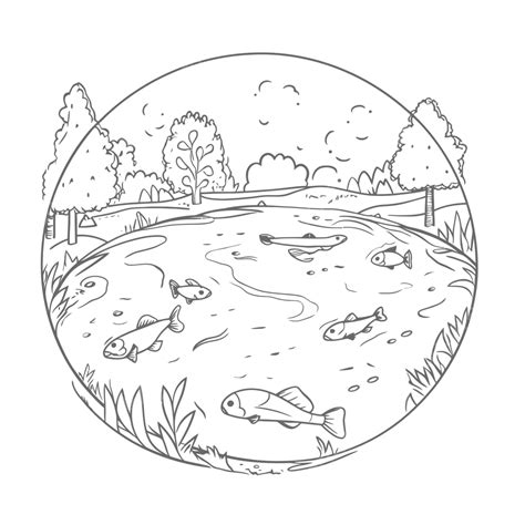 Circle Drawing With Fish Swimming In A Lake Outline Sketch Vector, Fishing Pond Drawing, Fishing ...