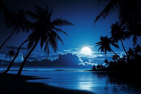 Premium Photo Photo Of Moonlit Beach With Palm Trees Silhouetted