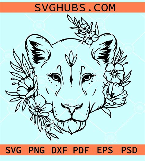 Lioness Head With Flowers SVG Floral Lion Svg Lion Head With Flower