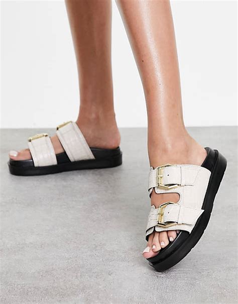 Schuh Tash Leather Double Strap Slide Sandals In Ecru Croc Asos