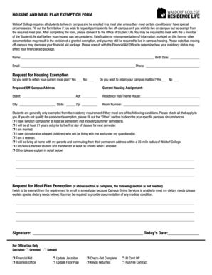 Fillable Online Housing And Meal Plan ExeMPtion ForM Waldorf College