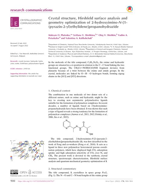 Pdf Crystal Structure Hirshfeld Surface Analysis And Geometry