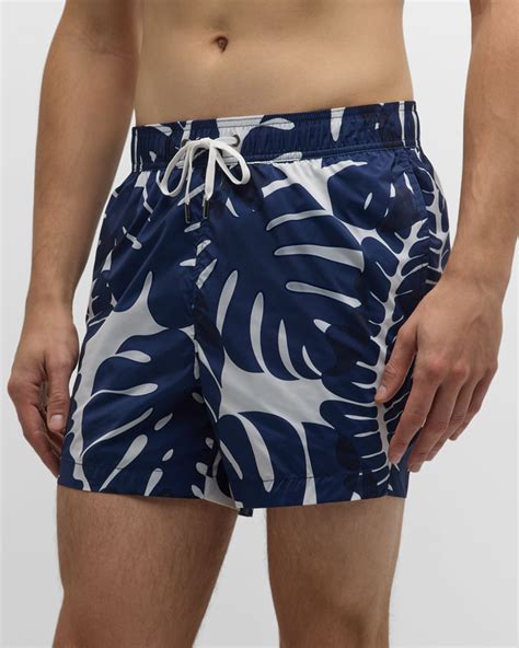 Onia Men S Charles 5 Leaf Print Swim Trunks Neiman Marcus